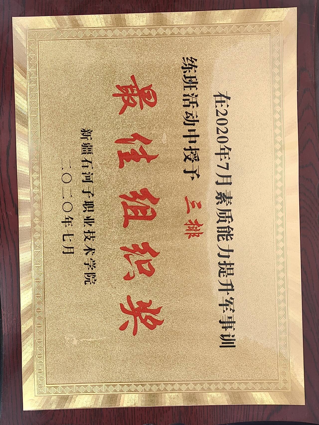 授予2020年7月素质能力提升军事训练班 三排最佳组织奖